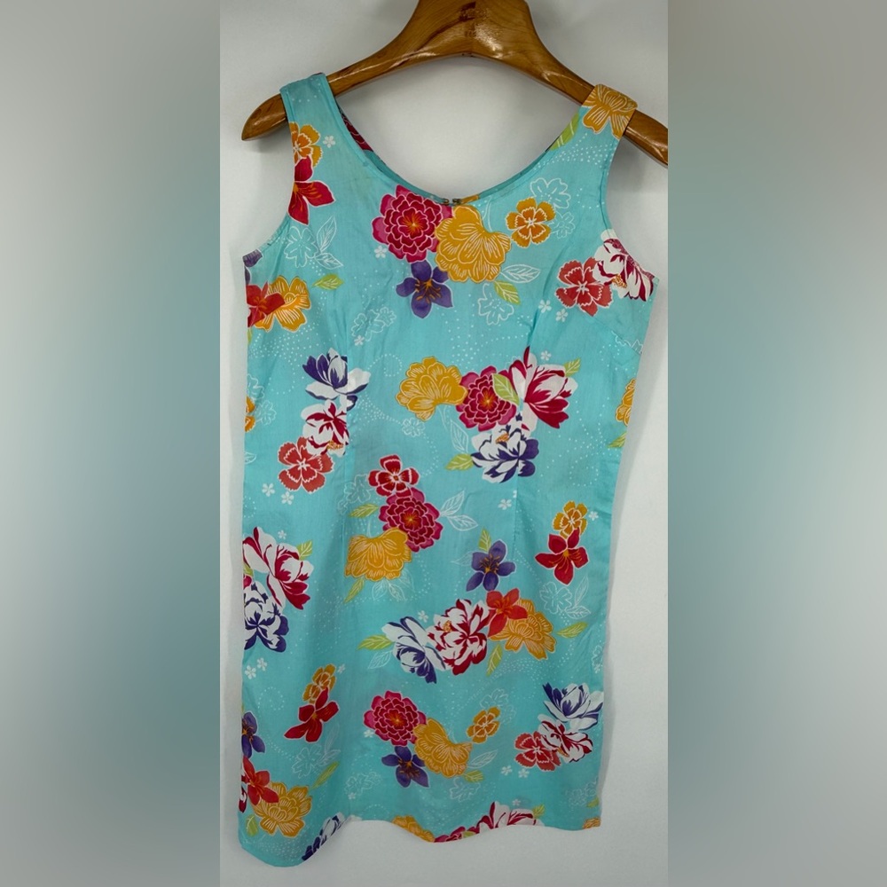 Vintage Liz Claiborne Floral Tank Dress 8P Blue 100% Cotton Hawaii Tropical